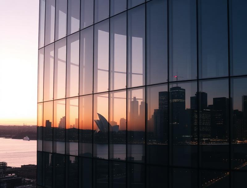 Reflection of Sydney skyline on glass architecture at dusk