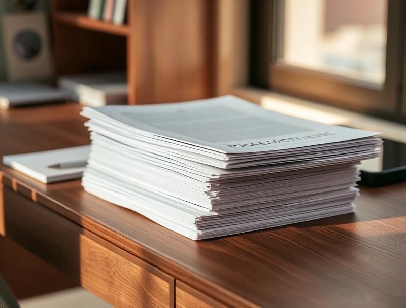 Stack of financial planning documents on a walnut desk